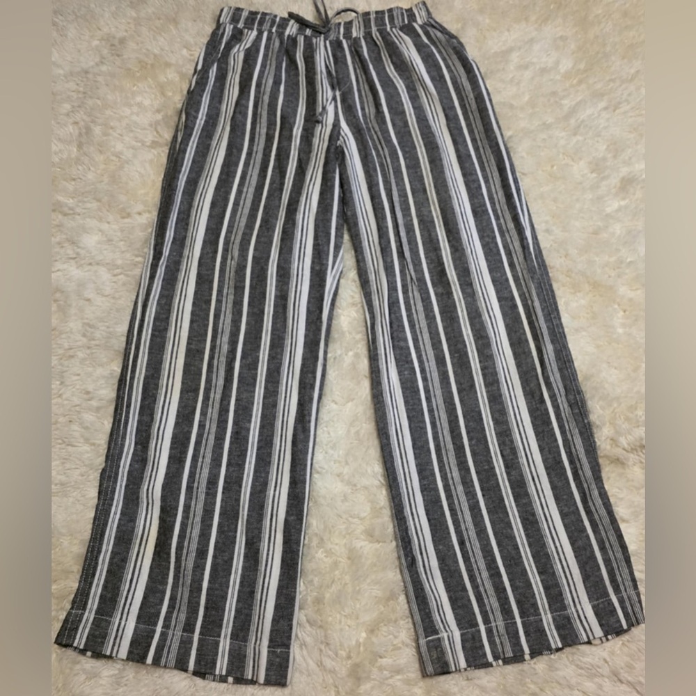 Briggs Linen Blend Pants Blue Striped Drawstring Elastic Women’s Size Large EUC
